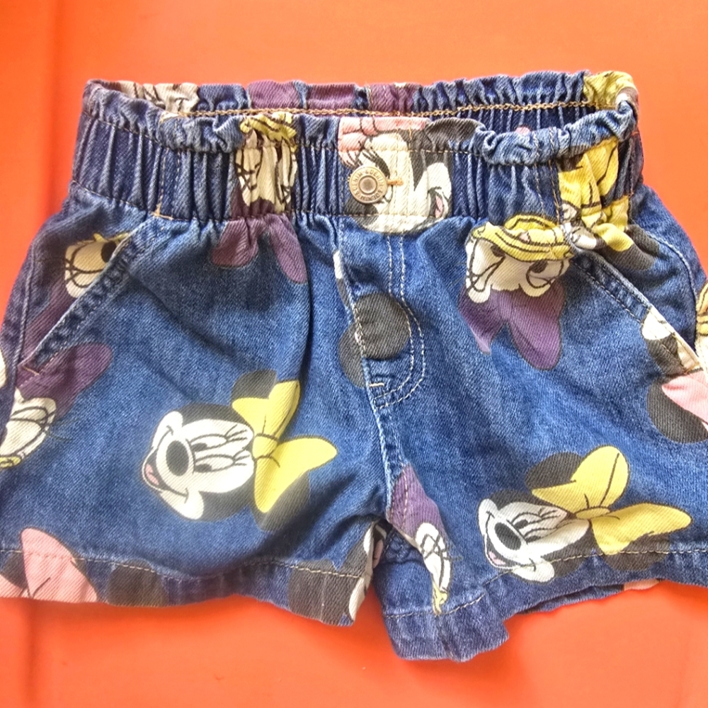 Disney US 5T Denim and Yellow Playful Print Shorts Mickey Minnie